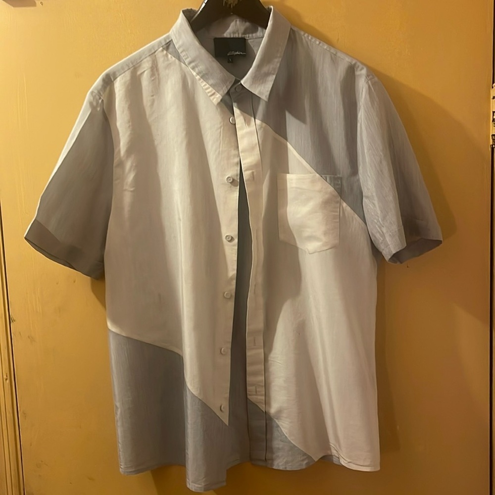 Phillip Stein cream grey button down short sleeve shirt large